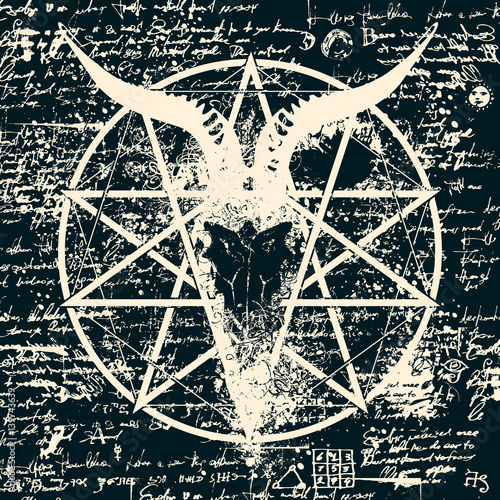 vector illustration with skull of goat and pentagram with splashes on the background of old papyrus with magical inscriptions and symbols