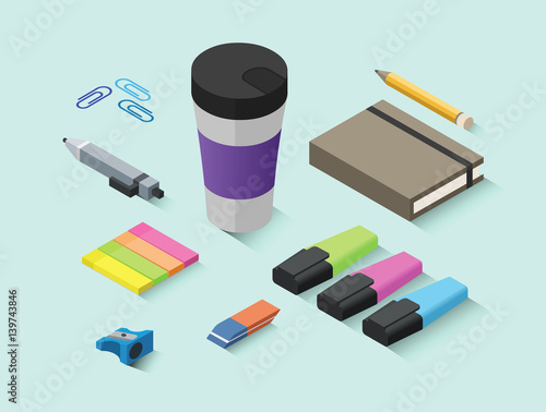 Set of vector isometric office items, stationery icons