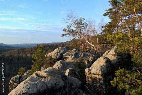 View of the landscape at sunset in National Park Bohemian Switzerland, Czech Republic