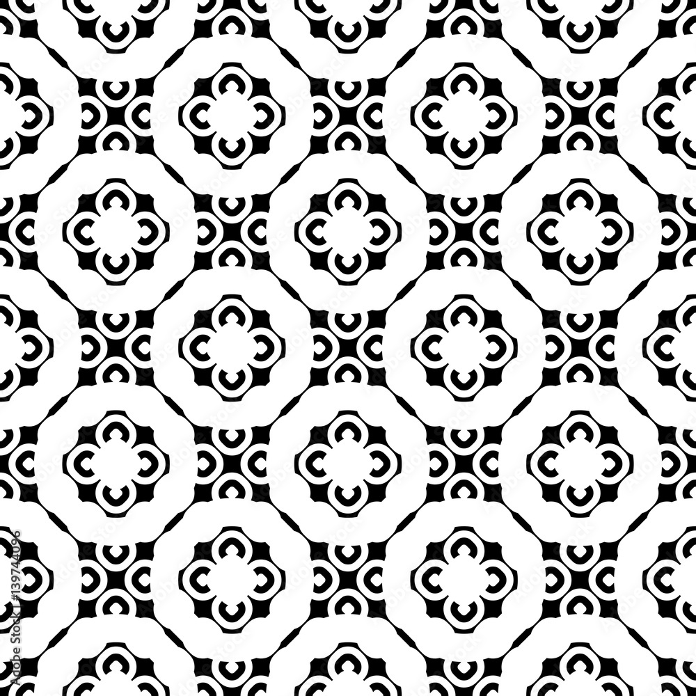 Vector seamless pattern, monochrome floral geometric texture. Simple background with staggered circles, rings, mesh. Abstract design for prints, decor, textile, furniture, cloth. Black & white colors