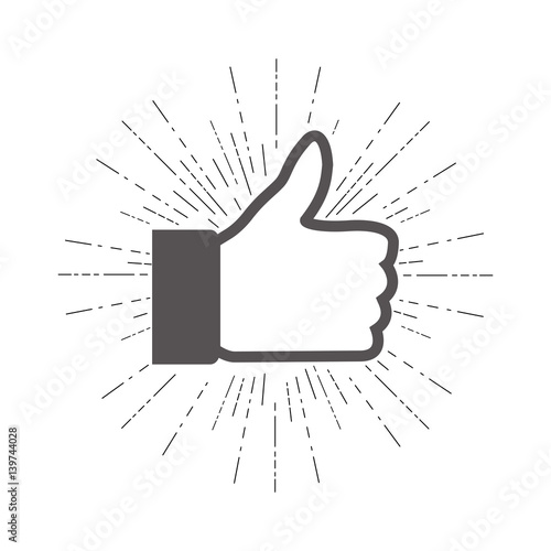 Thumbs up hand with hand drawn sunburst.