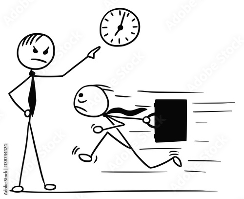 Cartoon of Man Running Late for Work and his Boss Pointing at Wall Clock