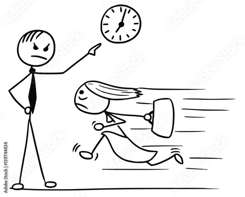 Cartoon of Woman Running Late for Work and his Boss Pointing at Wall Clock
