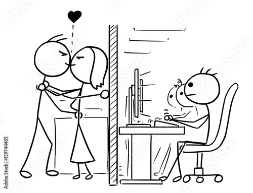Cartoon of Man and Woman Couple in love Kissing at Office, Job,Work
