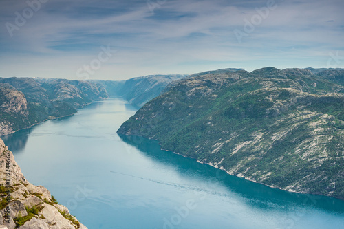 View from Preikestolen pulpit rock, Lysefjord in the background, Rogaland county, Norway 