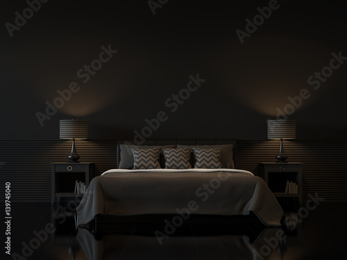 Fotografi Modern bedroom interior with empty black wall 3d rendering image
