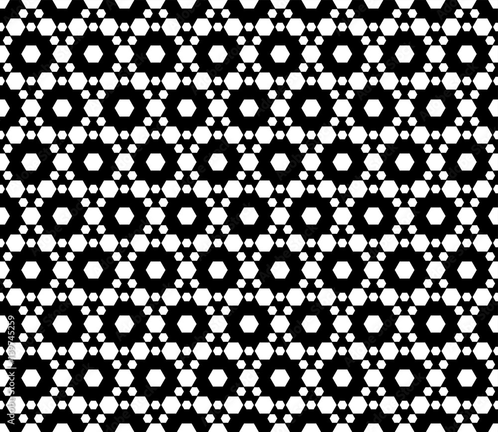 Vector monochrome seamless pattern. Simple modern geometric texture with small hexagons. Wallpaper with hexagonal grid, lattice. Repeat black & white abstract background. Design for print, decor, web