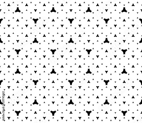 Simple geometric seamless texture, repeat monochrome pattern. Black small starry shapes on white backdrop. Stylish modern background. Design element for prints, decoration, textile, wallpaper, web