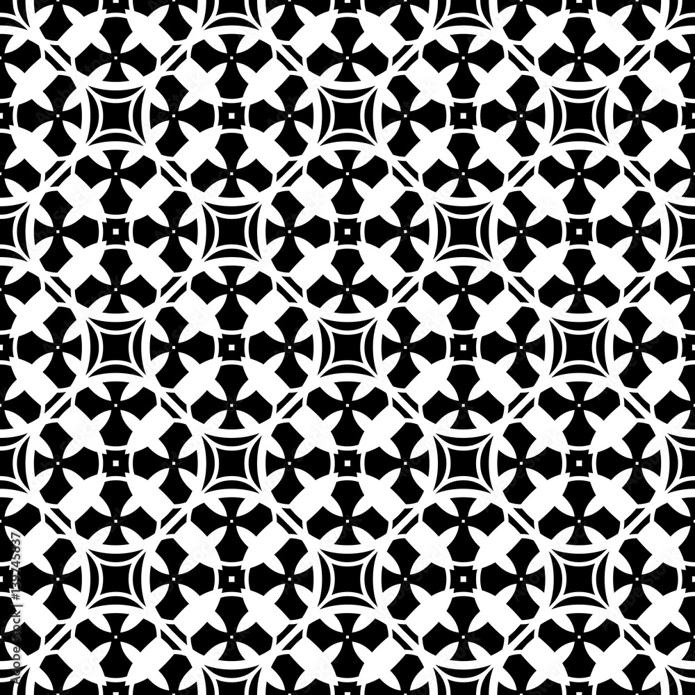Vector ornamental seamless pattern. Monochrome black & white abstract background. Repeat mosaic texture in oriental style, illustration of lattice. Simple geometric figures, crosses. Square design Vector ornamental seamless pattern. Monochrome black & white abstract background. Repeat mosaic texture in oriental style, illustration of lattice. Simple geometric figures, crosses. Square design