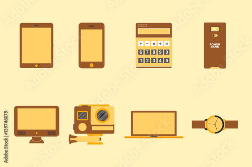 Electronic device icons. Smartphone, tablet, laptop, desktop computer, power bank, action camera, wristwatch and calculator