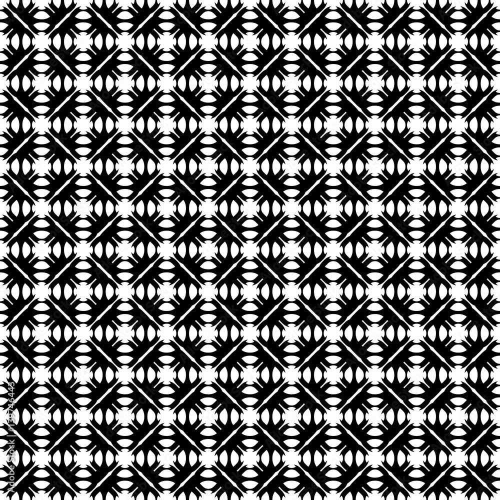 Vector seamless pattern. Abstract monochrome geometric texture. Simple black & white ornamental background with rounded figures. Diagonal grid. Repeat tiles. Design for decor, textile, prints, fabric