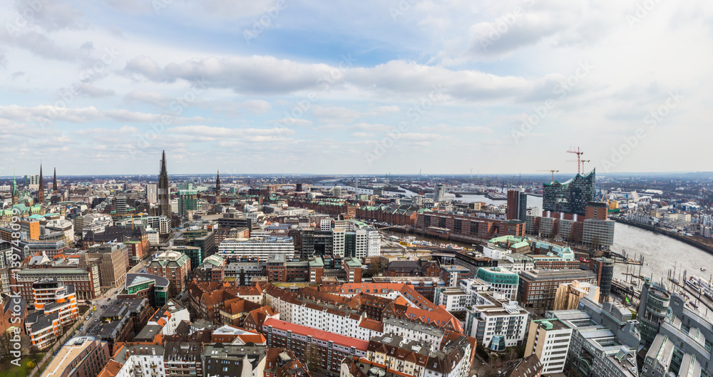 Aerial shot of the metropolitan area of Hamburg, Germany - with the view on the 