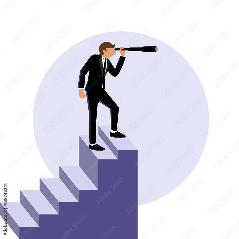 Simple Business Cartoon Illustration of a man at top of stair look for opportunities Simple Business Cartoon Illustration of a man at top of stair look for opportunities