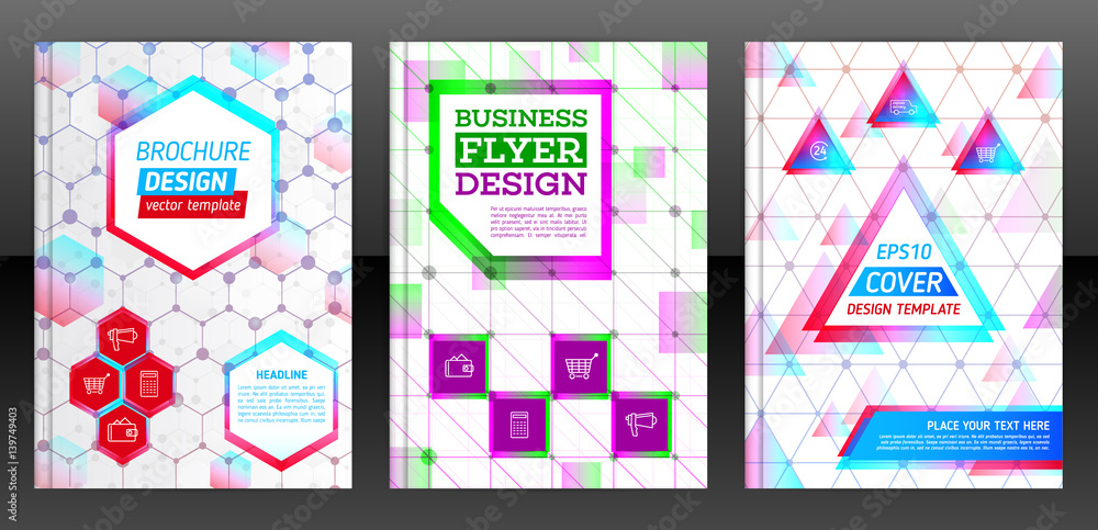 Set of flyer template layout, cover design of annual report, brochure or booklet. Technological geometrical shapes with glow and glass effect and icons. Vector Illustration eps 10
