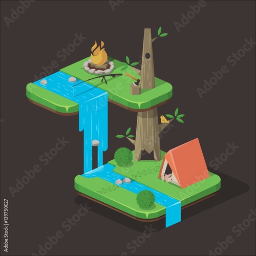 camping illustration, treehouse style camping site