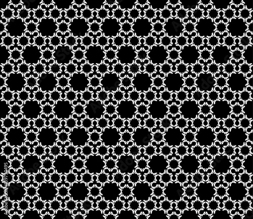 Vector monochrome seamless pattern. Simple abstract geometric repeat texture. Black and white endless background. Illustration with linear figures, hexagons, triangles. Modern stylish design element