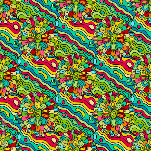 Crazy seamless hand drawn vector pattern. Bright summer colours, modern flowers. Boho fashion style for print, batik, silk textile, cushion pillow, bandanna, kerchief. Kid style