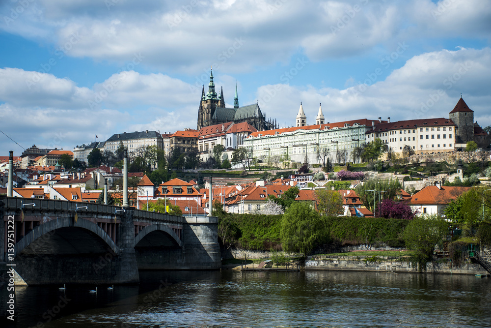 View of palace and Vltava River in Prague Czech Republic