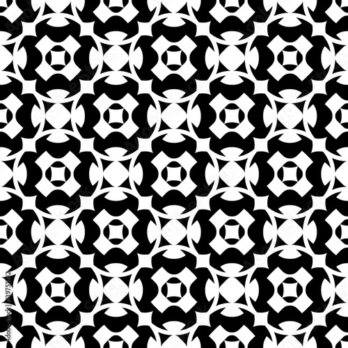 Vector monochrome seamless pattern, abstract geometric black & white texture. Ornamental shapes, crosses, rhombuses, rounded lattice. Endless background, repeat tiles. Simple decorative element