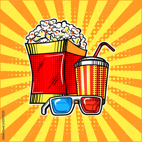 Popcorn drink and colorful cinema glasses vector