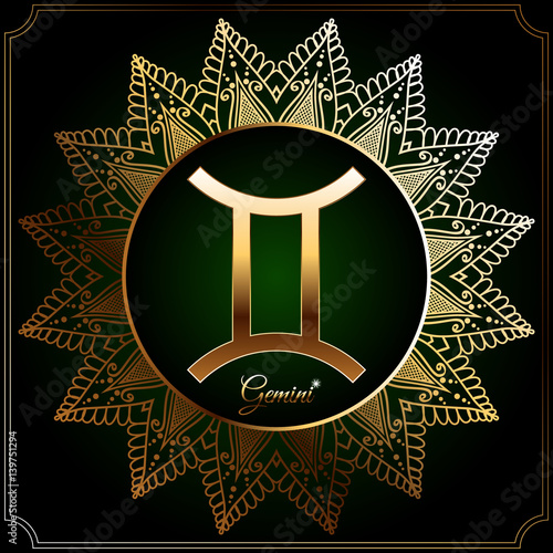 Astrological zodiac sign in golden circle with oriental pattern. Gemini.