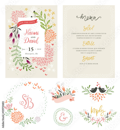 Hand drawing wedding typographic cards with birds, flowers, branches and flor...