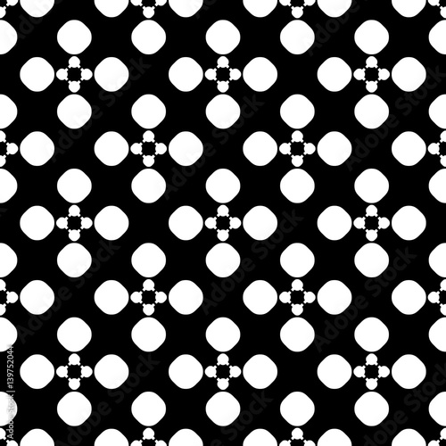 Vector monochrome seamless pattern, old vintage style. Simple floral geometric texture, white circles and dots on black background. Abstract repeat minimalist backdrop. Design for print, textile, web photo