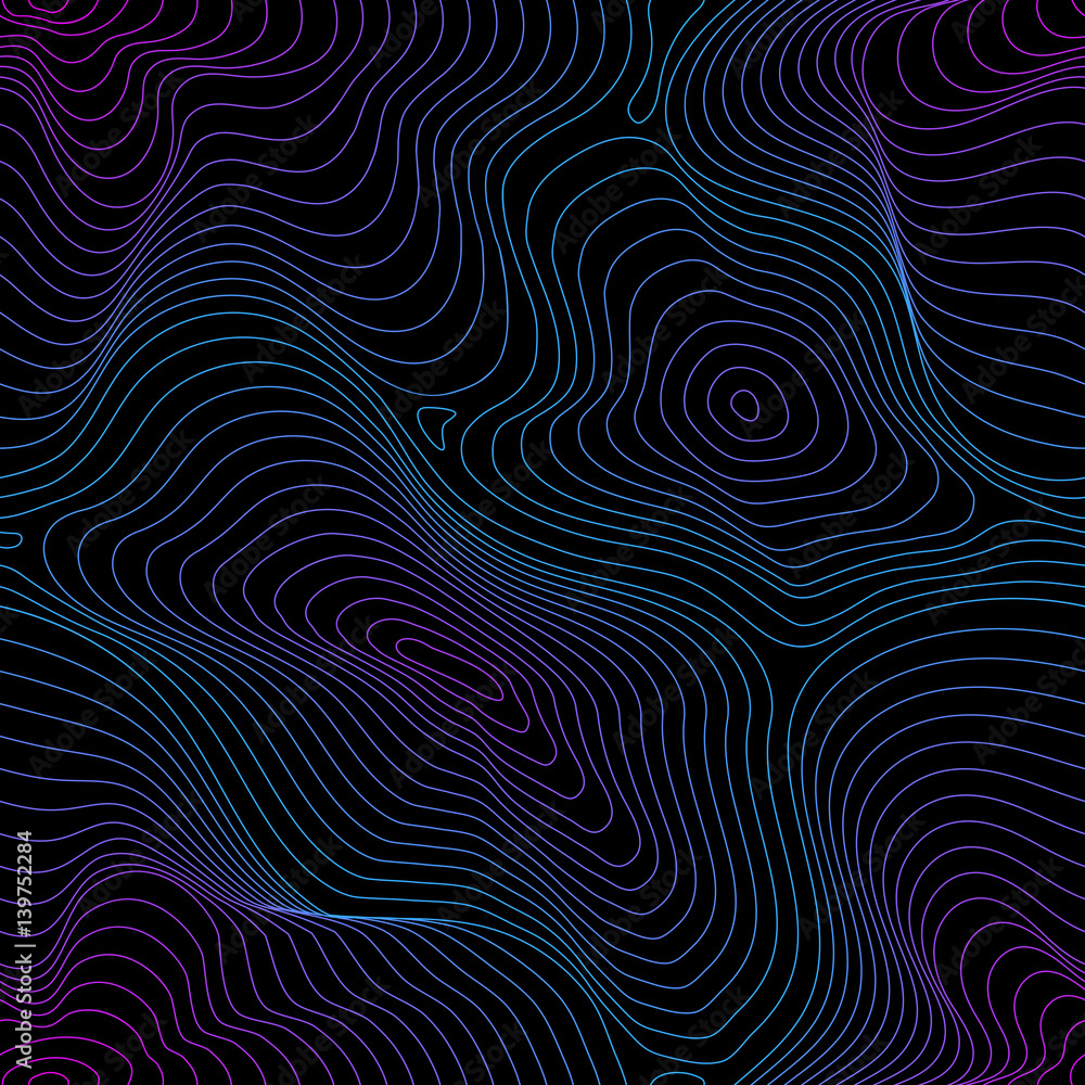 Vector seamless pattern, abstract texture, curved lines, fluid shapes. Visual halftone 3D effect, illusion of movement, dynamical surface. Bright colors, blue and pink gradient on black background