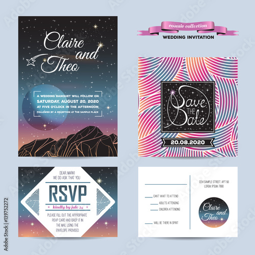 wedding invitation with rsvp card. cosmic design with star shine. beautiful sunset