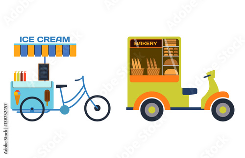 Street food festival color trailer vector restaurant bike.