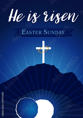 Easter sunday holy week calvary tomb banner. Easter christian motive, vector invitation to an Easter Sunday service with text He is risen on a background of rolled away from the tomb stone of Calvary