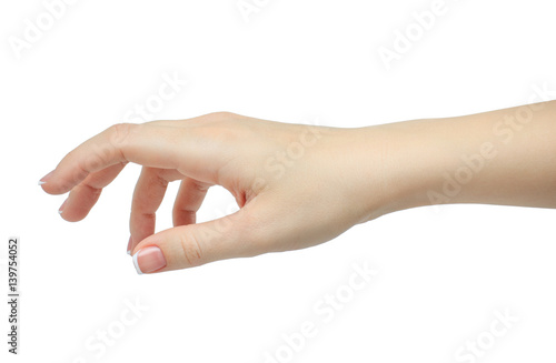 woman hand in picking or giving gesture isolate on white background