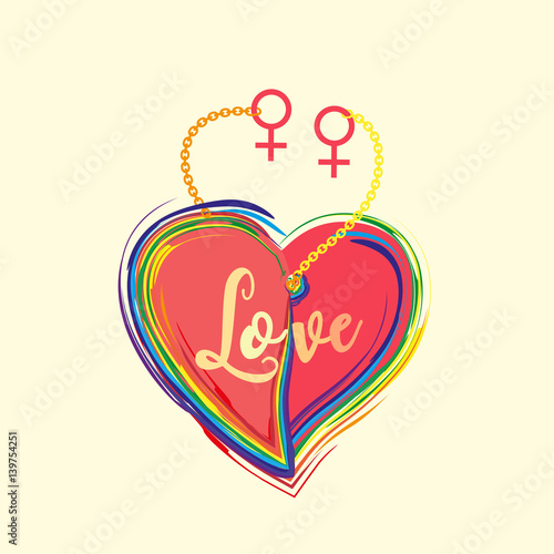 Gender diversity concept. Rainbow heart with lettering Love. LGBT community sign. Romantic card for girlfriends couple with female symbol. Same sexual orientation lovers vector illustration