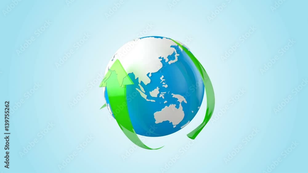 Rotating planet with eco symbols for the future. Loopable rotating glass earth planet globe and arrows with alpha mask included. Earth with glossy surface Rotating planet with eco symbols for the future. Loopable rotating glass earth planet globe and arrows with alpha mask included. Earth with glossy surface