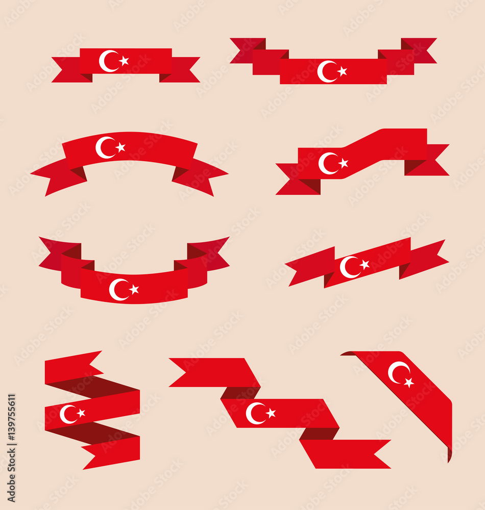 Vector set of scrolled isolated ribbons or banners in colors and with symbols of Turkish flag.