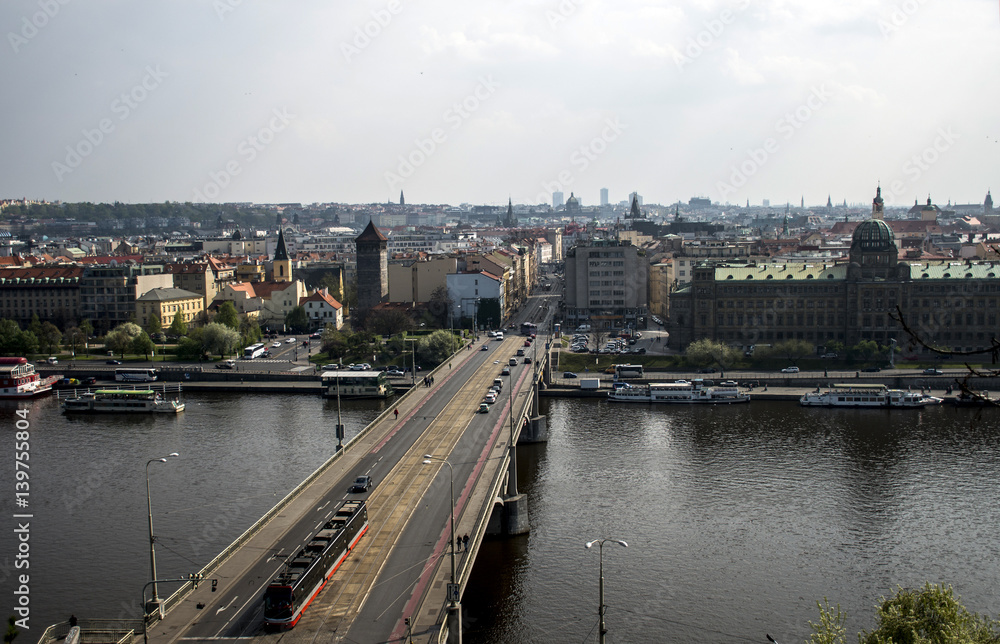Czech Republic Prague capitol city skyline view over the roof river buildings bridges
