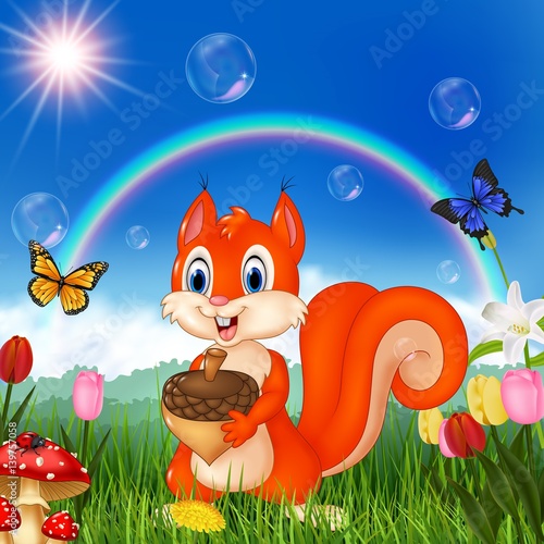 Nature scene with squirrel holding an accorn