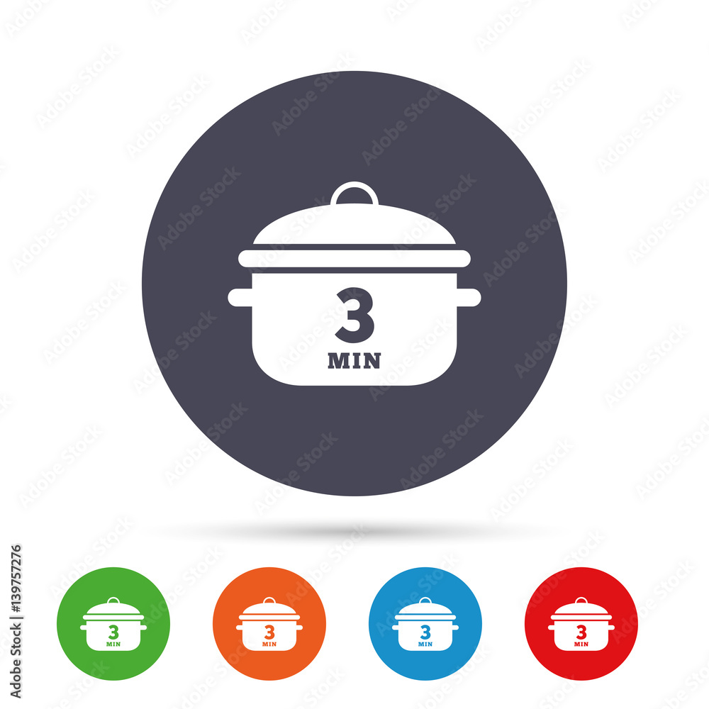 Boil 3 minutes. Cooking pan sign icon. Stew food. Boil 3 minutes. Cooking pan sign icon. Stew food.