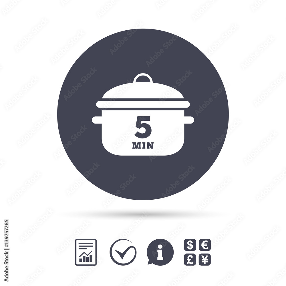 Boil 5 minutes. Cooking pan sign icon. Stew food. Boil 5 minutes. Cooking pan sign icon. Stew food.