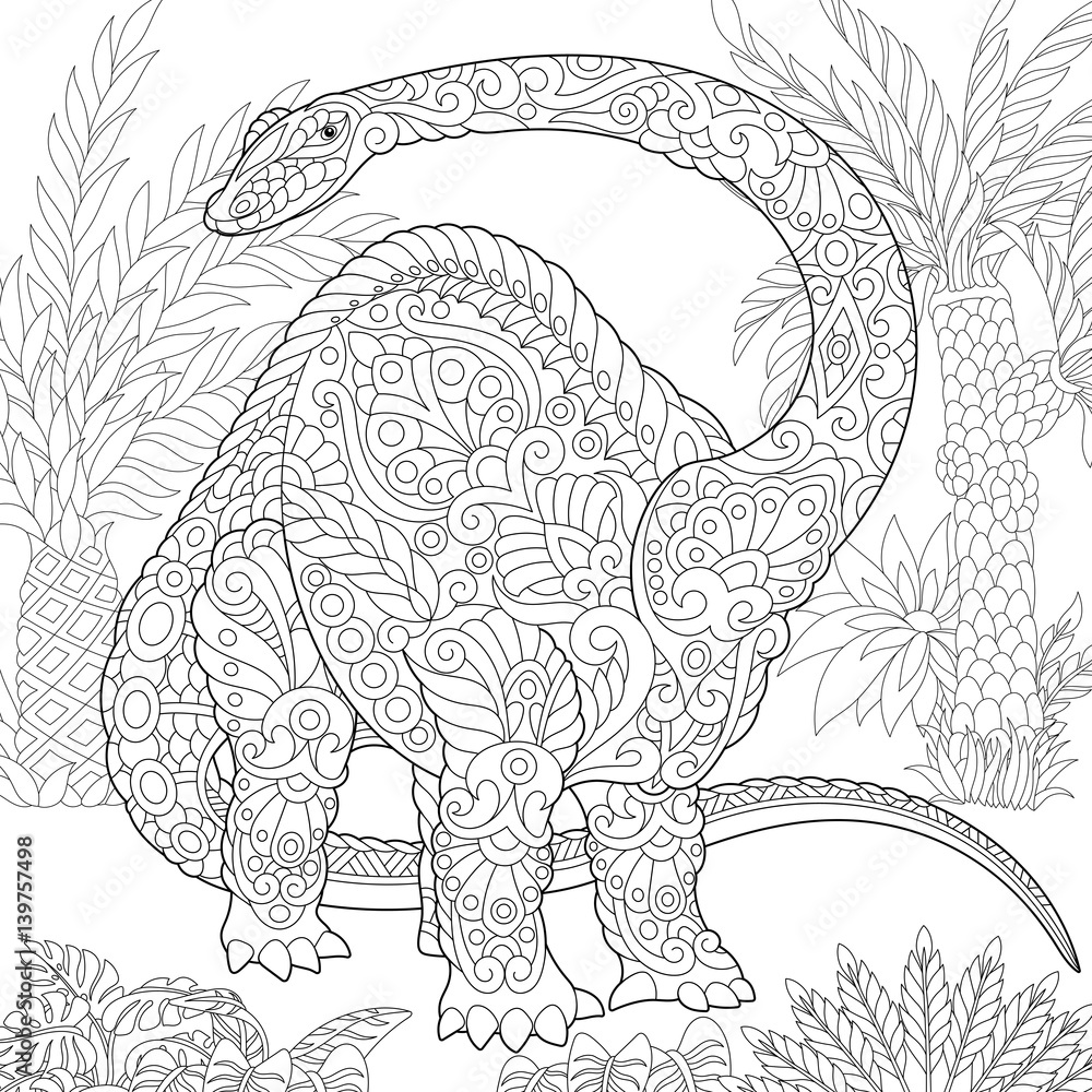 Fototapeta premium Stylized stegosaurus dinosaur of the Jurassic and early Cretaceous periods. Freehand sketch for adult anti stress coloring book page with doodle and zentangle elements.