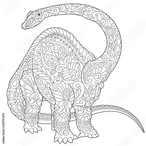 Stylized stegosaurus dinosaur of the Jurassic and early Cretaceous periods. Freehand sketch for adult anti stress coloring book page with doodle and zentangle elements.