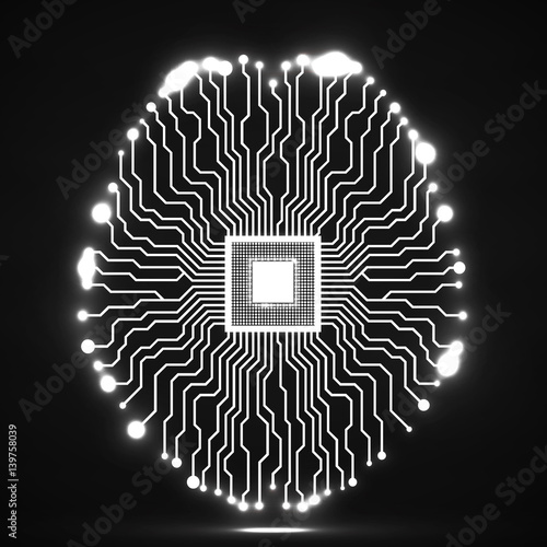 Neon brain. Cpu. Circuit board. Abstract technology background