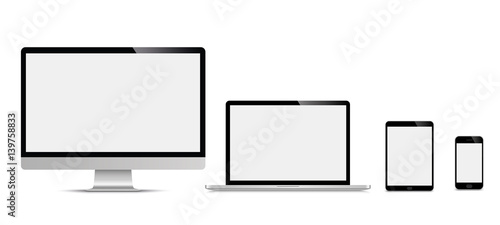 Realistic set of monitor, laptop, tablet, smartphone - Stock Vector