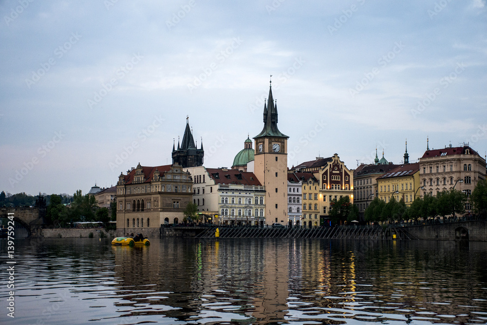 Scenic evening view of the Old Town ancient architecture and Vltava river in Prague Czech Republic