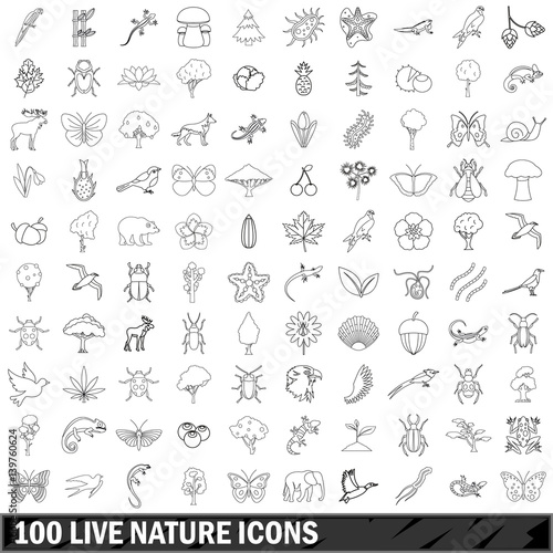 100 live nature icons set  outline style