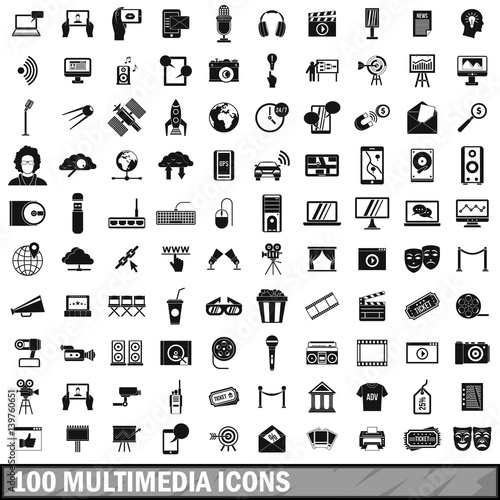100 multimedia icons set in simple style 