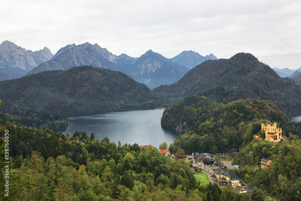 Hohenschwangau Castle and village at Lake Alpsee, Germany