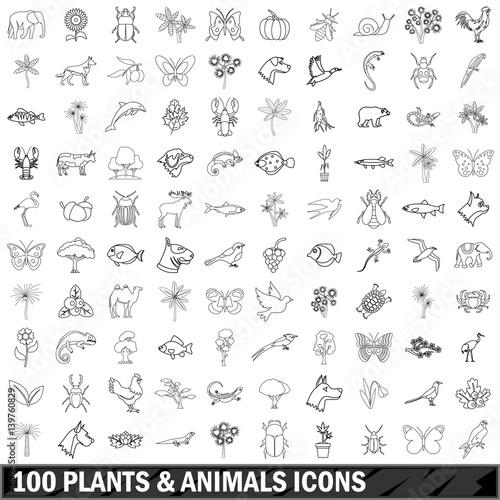 100 plants and animals icons set, outline style