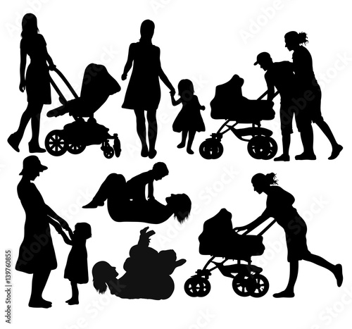 Mothers With Baby Strollers Silhouettes, art vector design