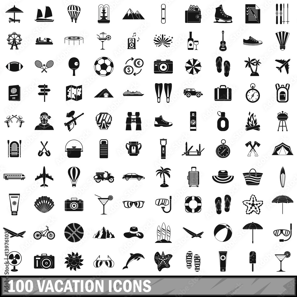 100 vacation icons set in simple style 